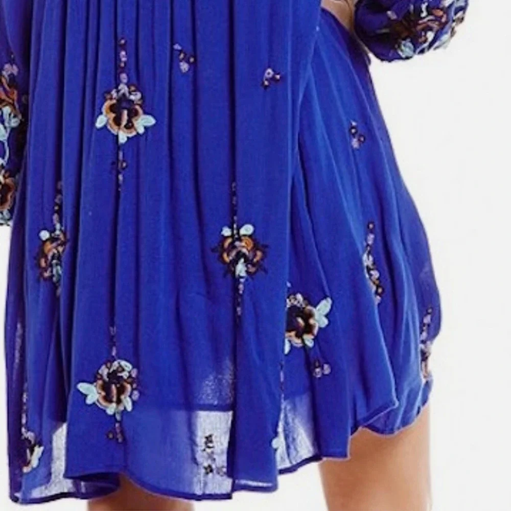 Free People‎ Cobalt Blue Oxford Embroidered Mini Swing Dress Small